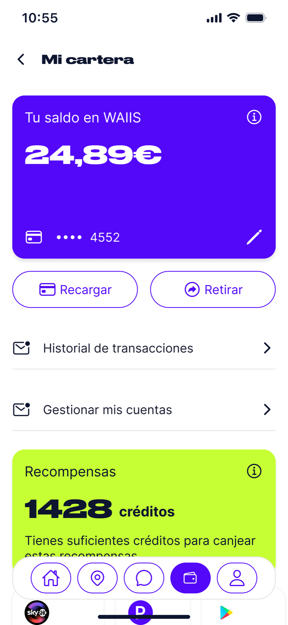 Cartera del empleado con saldo retirable y bonus canjeables.